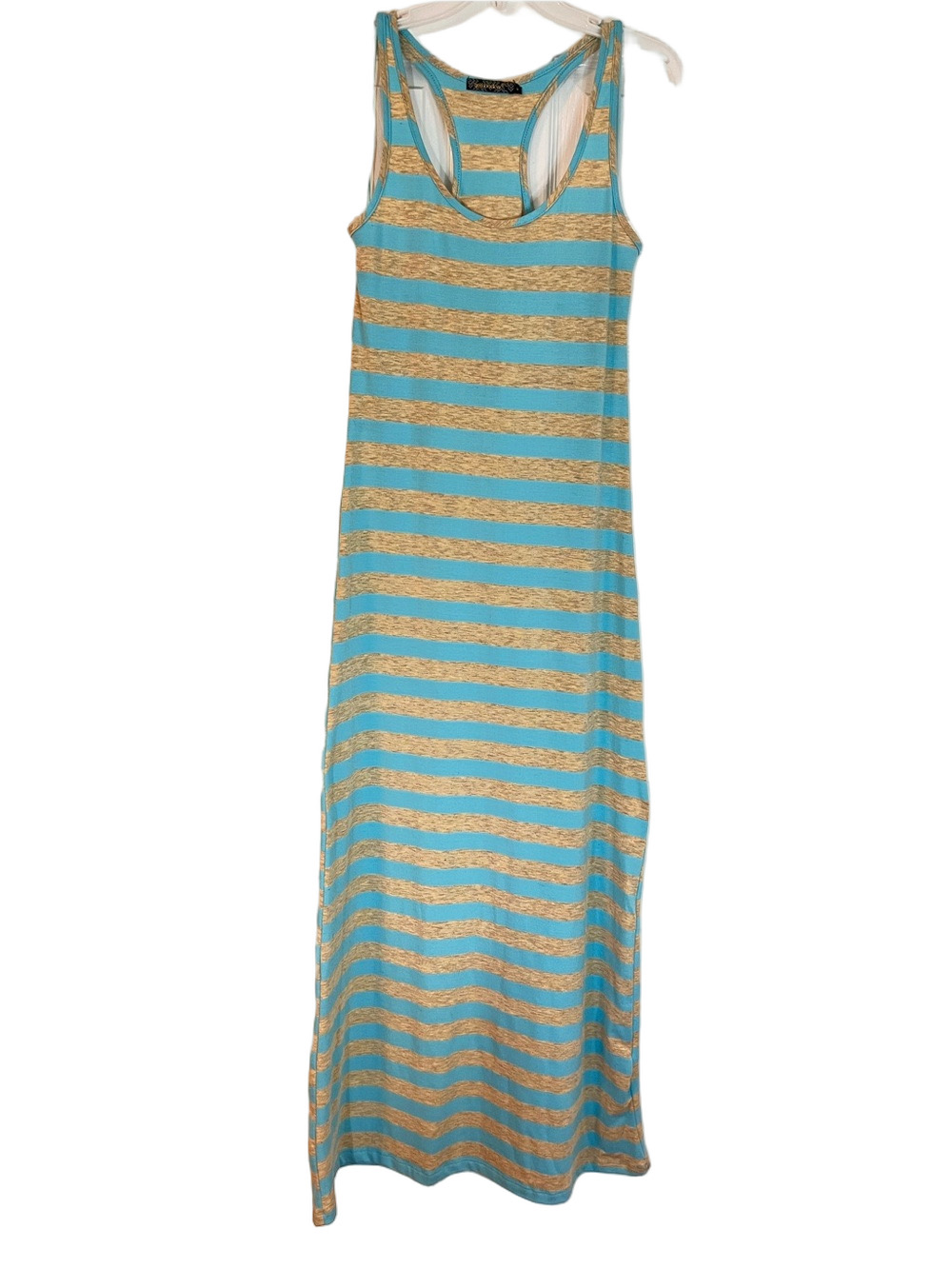 QED London Striped Racerback Maxi Dress L Aqua Teal Grey Beach Loungewear Cozy